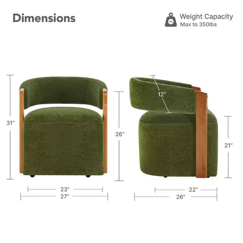 Upholstered Dining Chair with Wood Armrests and Hidden Wheels