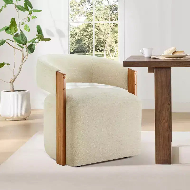 Upholstered Dining Chair with Wood Armrests and Hidden Wheels