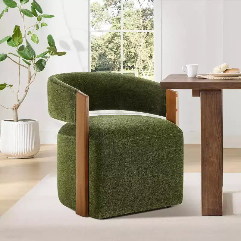 Upholstered Dining Chair with Wood Armrests and Hidden Wheels