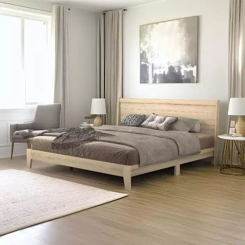King Platform Bed with Integrated Headboard - Oslo Oak, 12-Piece LVL Slat System