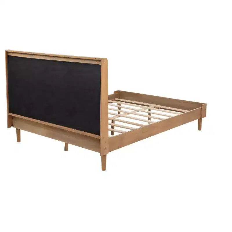 Queen Upholstered Platform Bed with Piano Key Headboard and Solid Pine Frame - Wheat