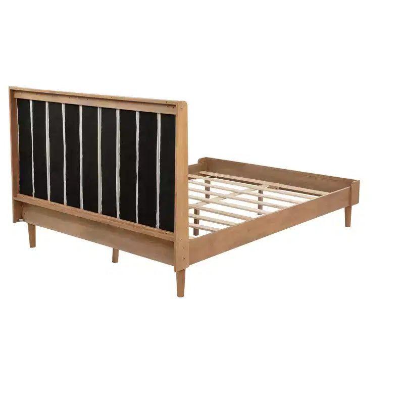 Queen Upholstered Platform Bed with Piano Key Headboard and Solid Pine Frame - Wheat