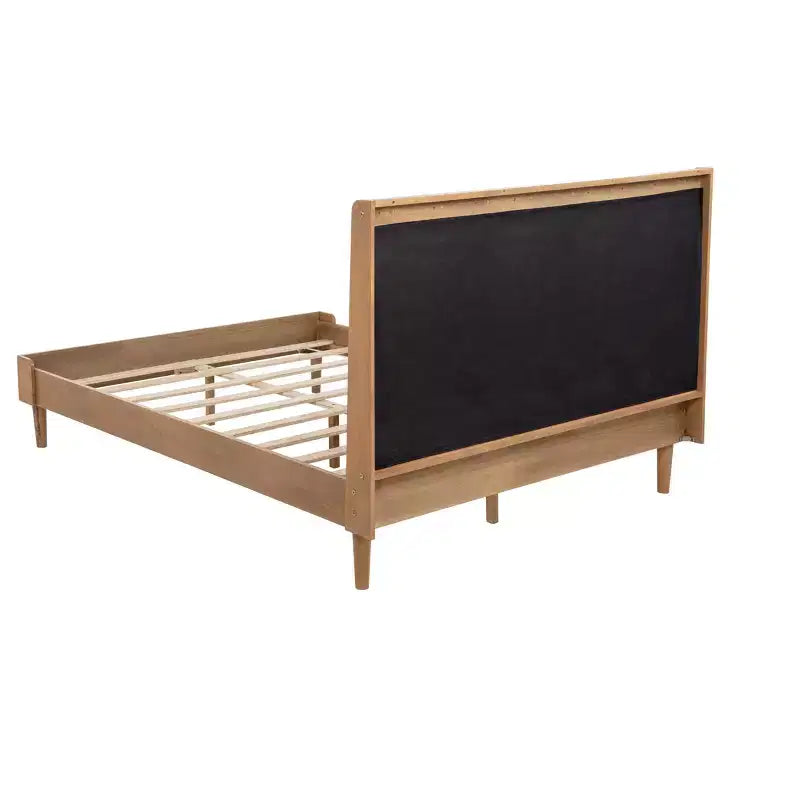 Queen Upholstered Platform Bed with Piano Key Headboard and Solid Pine Frame - Wheat