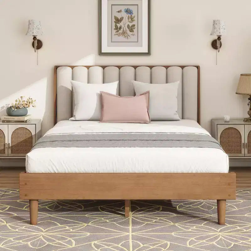 Queen Upholstered Platform Bed with Piano Key Headboard and Solid Pine Frame - Wheat