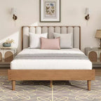 Queen Upholstered Platform Bed with Piano Key Headboard and Solid Pine Frame - Wheat