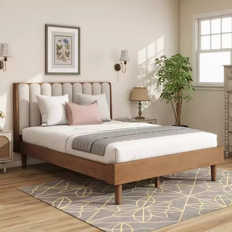 Queen Upholstered Platform Bed with Piano Key Headboard and Solid Pine Frame - Wheat
