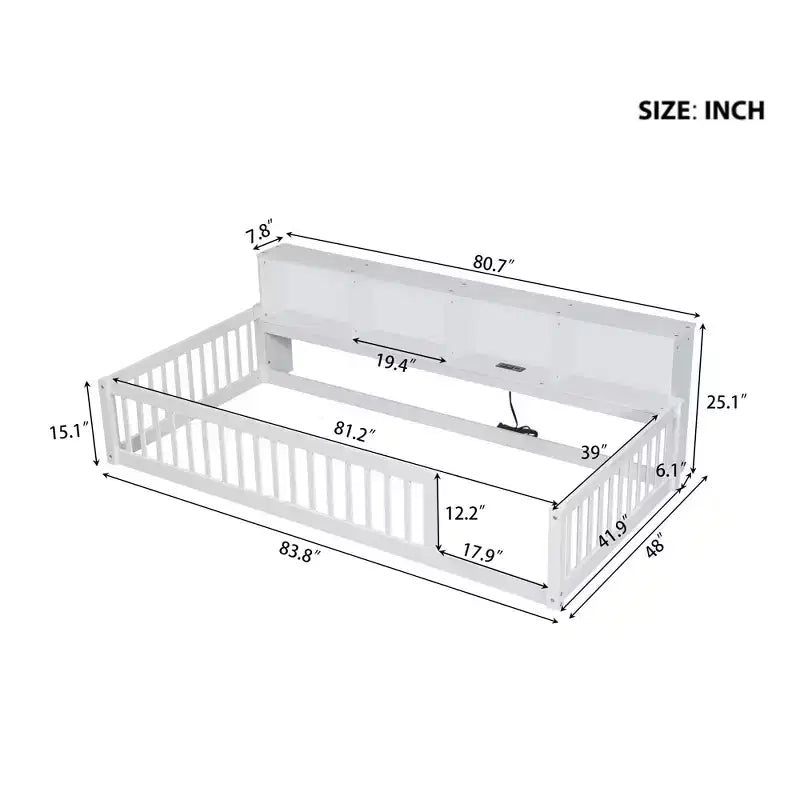 Kids Montessori Floor Bed with Bookcase, Charging Station and Guardrails - Twin XL, White