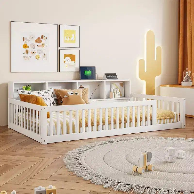 Kids Montessori Floor Bed with Bookcase, Charging Station and Guardrails - Twin XL, White