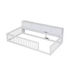 Kids Montessori Floor Bed with Bookcase, Charging Station and Guardrails - Twin XL, White