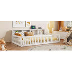 Kids Montessori Floor Bed with Bookcase, Charging Station and Guardrails - Twin XL, White