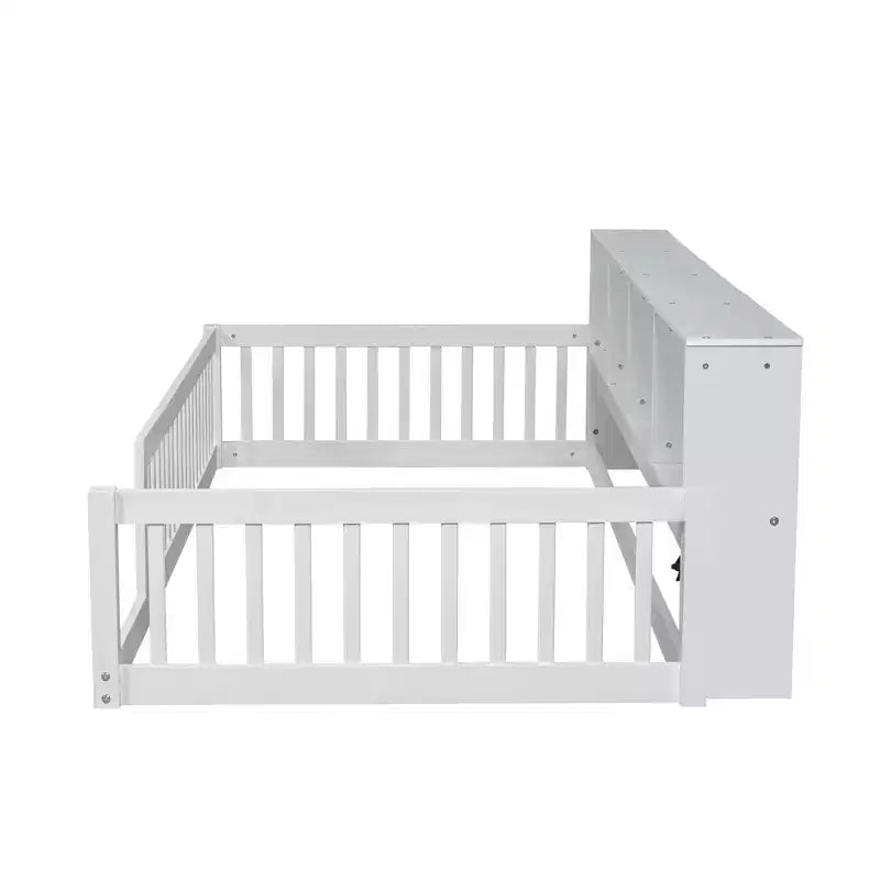 Kids Montessori Floor Bed with Bookcase, Charging Station and Guardrails - Twin XL, White