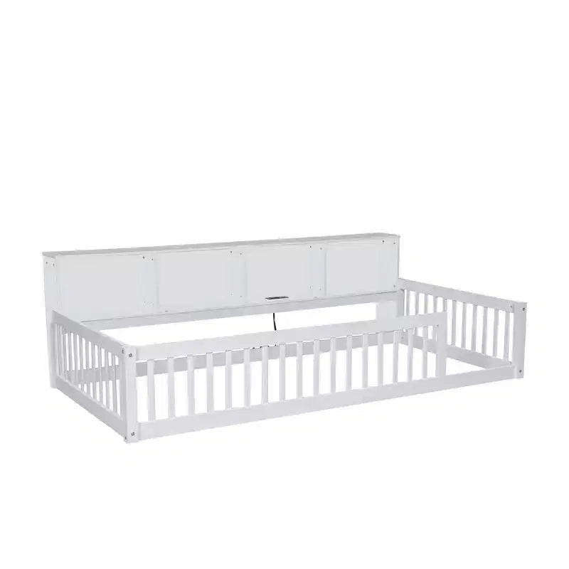 Kids Montessori Floor Bed with Bookcase, Charging Station and Guardrails - Twin XL, White