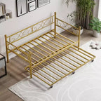 Twin Size Metal Daybed with Trundle, Floral Headboard and Heavy Duty Steel Slat Support