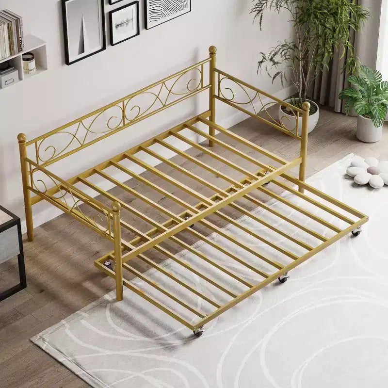 Twin Size Metal Daybed with Trundle, Floral Headboard and Heavy Duty Steel Slat Support