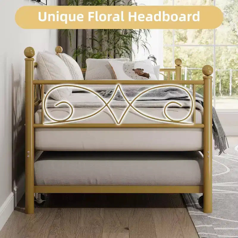 Twin Size Metal Daybed with Trundle, Floral Headboard and Heavy Duty Steel Slat Support