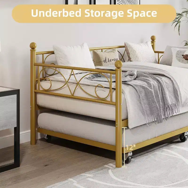 Twin Size Metal Daybed with Trundle, Floral Headboard and Heavy Duty Steel Slat Support