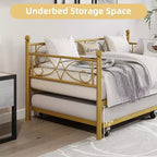 Twin Size Metal Daybed with Trundle, Floral Headboard and Heavy Duty Steel Slat Support