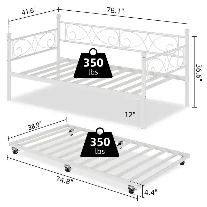 Twin Size Metal Daybed with Trundle, Floral Headboard and Heavy Duty Steel Slat Support