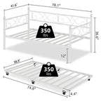 Twin Size Metal Daybed with Trundle, Floral Headboard and Heavy Duty Steel Slat Support