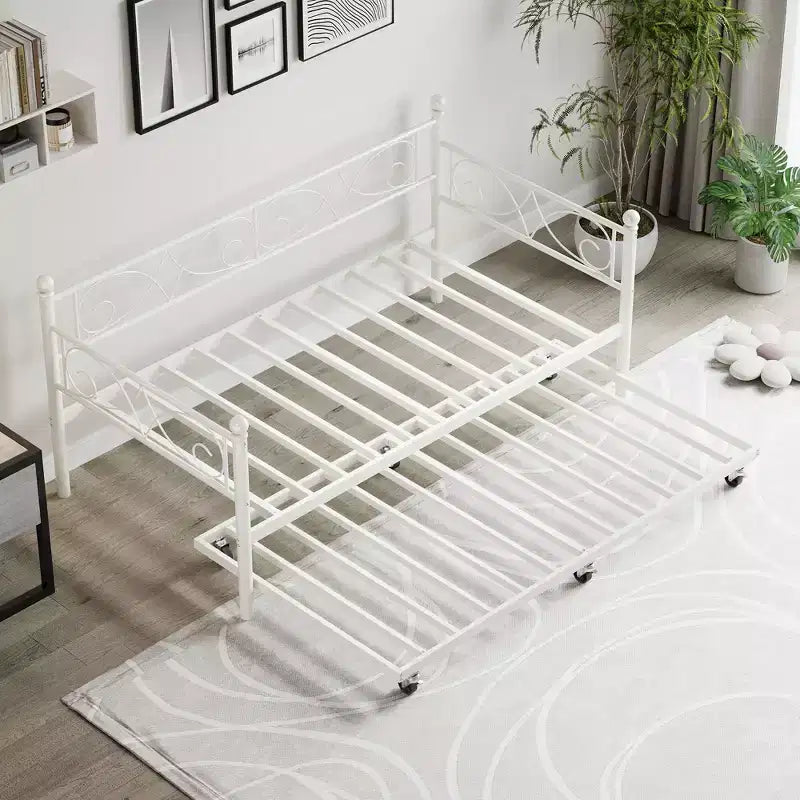 Twin Size Metal Daybed with Trundle, Floral Headboard and Heavy Duty Steel Slat Support