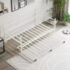 Twin Size Metal Daybed with Trundle, Floral Headboard and Heavy Duty Steel Slat Support