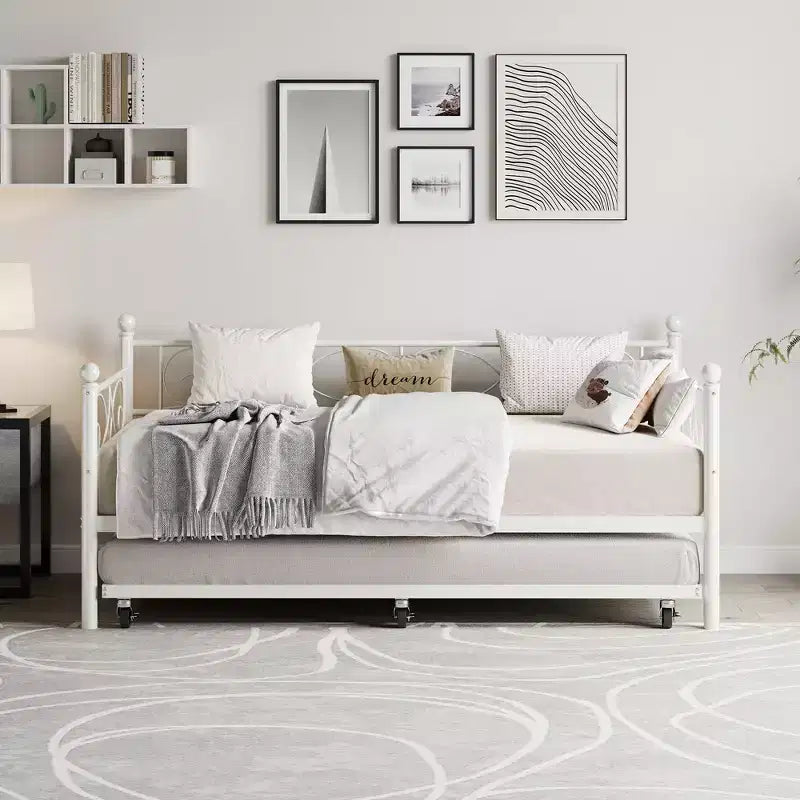 Twin Size Metal Daybed with Trundle, Floral Headboard and Heavy Duty Steel Slat Support