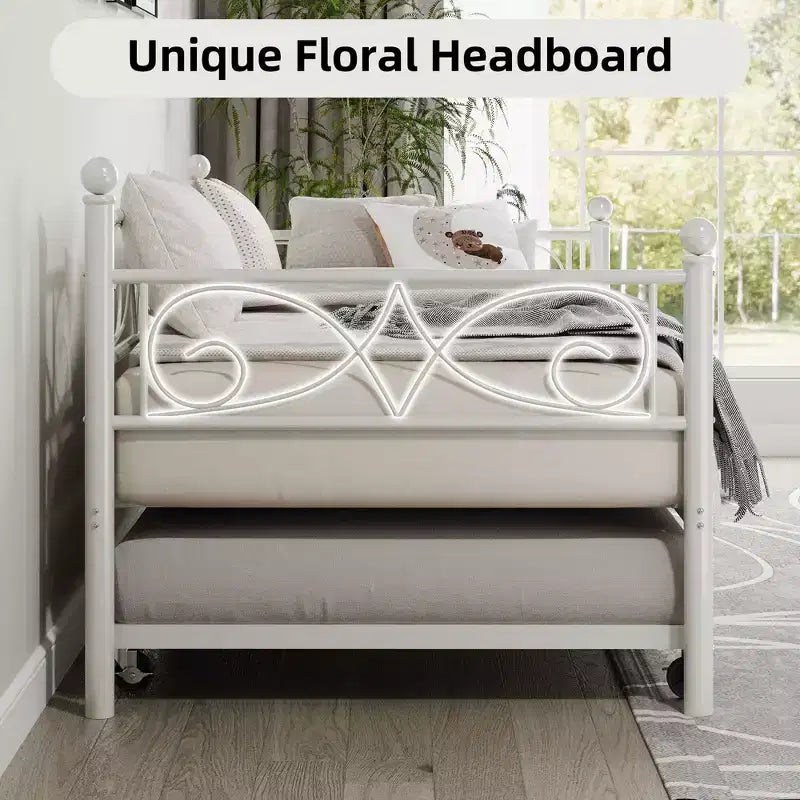 Twin Size Metal Daybed with Trundle, Floral Headboard and Heavy Duty Steel Slat Support