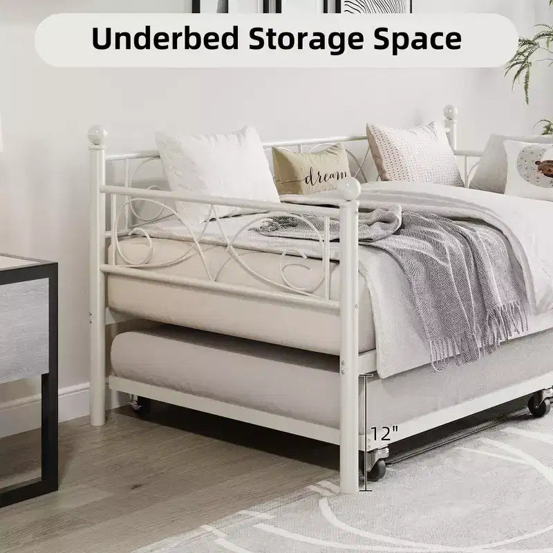 Twin Size Metal Daybed with Trundle, Floral Headboard and Heavy Duty Steel Slat Support