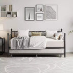 Twin Size Metal Daybed with Trundle, Floral Headboard and Heavy Duty Steel Slat Support