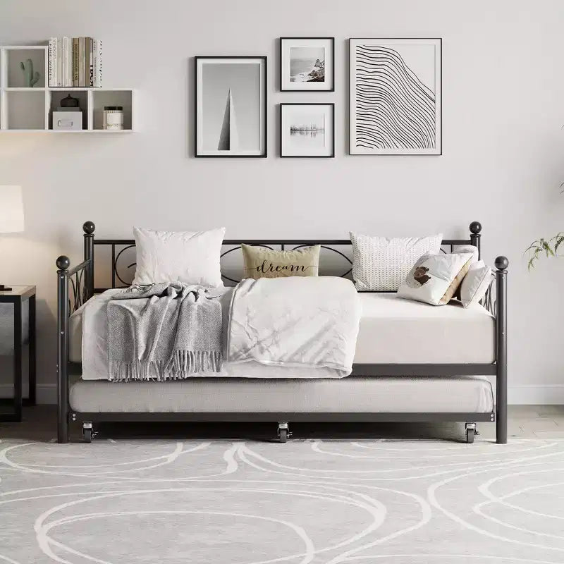 Twin Size Metal Daybed with Trundle, Floral Headboard and Heavy Duty Steel Slat Support