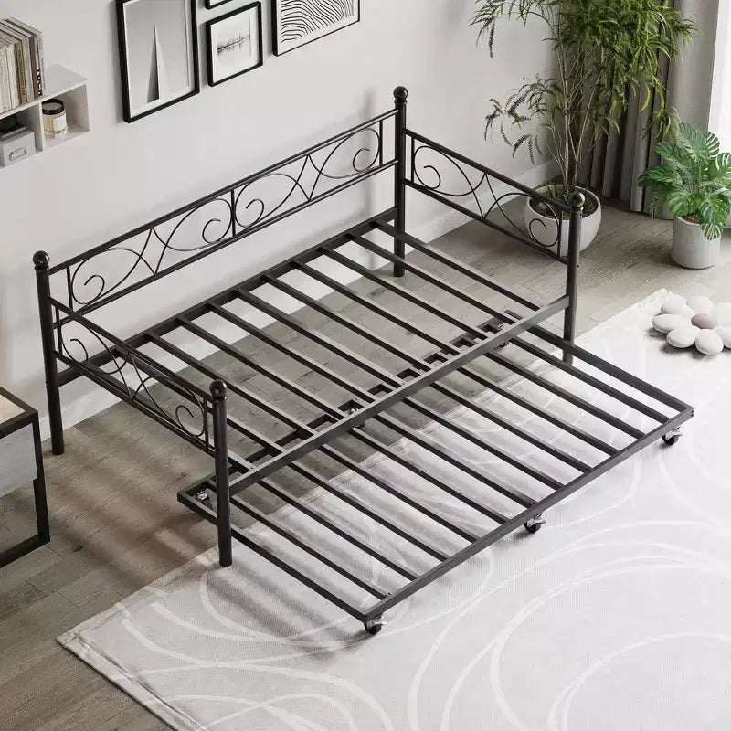 Twin Size Metal Daybed with Trundle, Floral Headboard and Heavy Duty Steel Slat Support