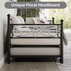 Twin Size Metal Daybed with Trundle, Floral Headboard and Heavy Duty Steel Slat Support