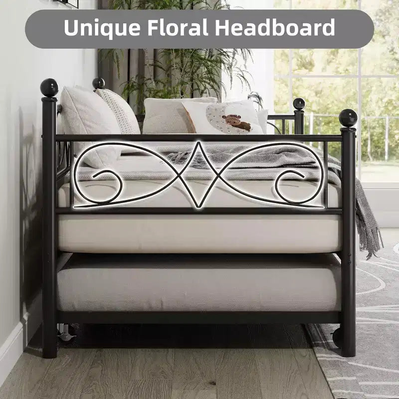 Twin Size Metal Daybed with Trundle, Floral Headboard and Heavy Duty Steel Slat Support