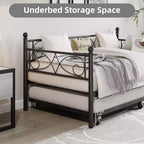 Twin Size Metal Daybed with Trundle, Floral Headboard and Heavy Duty Steel Slat Support