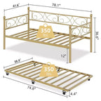Twin Size Metal Daybed with Trundle, Floral Headboard and Heavy Duty Steel Slat Support