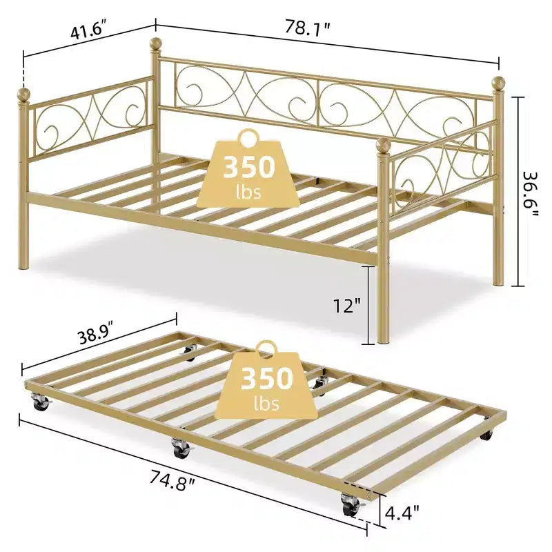 Twin Size Metal Daybed with Trundle, Floral Headboard and Heavy Duty Steel Slat Support