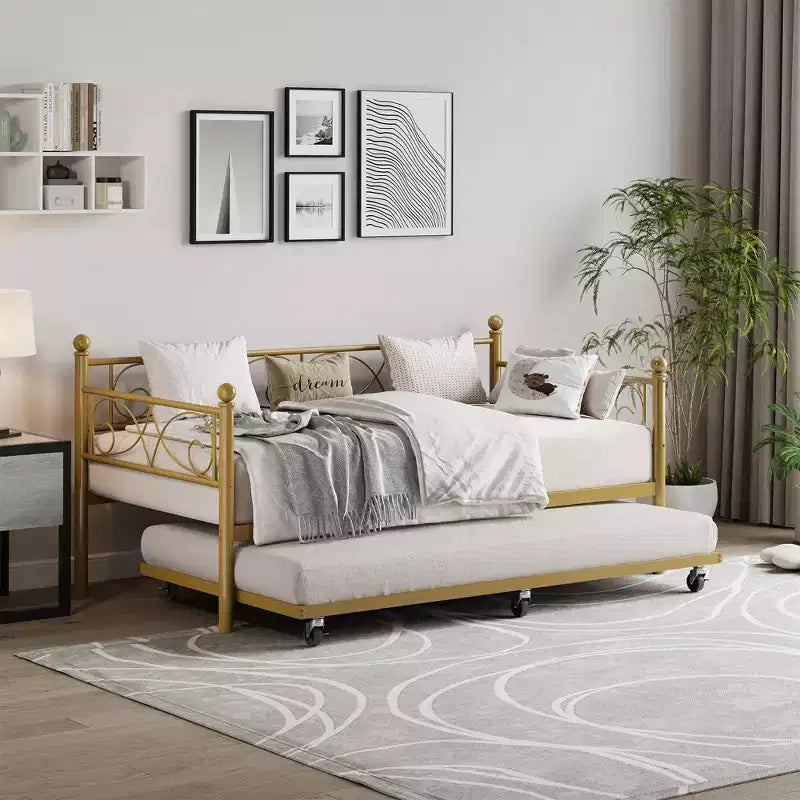 Twin Size Metal Daybed with Trundle, Floral Headboard and Heavy Duty Steel Slat Support