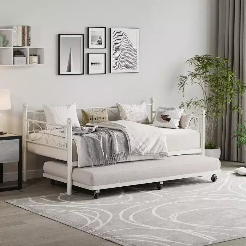 Twin Size Metal Daybed with Trundle, Floral Headboard and Heavy Duty Steel Slat Support