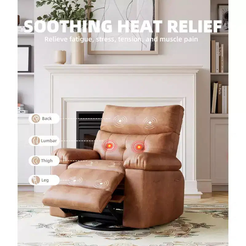 Oversized Recliner Chair with Heat and Massage - 360° Swivel, Manual Rocking, Faux Leather