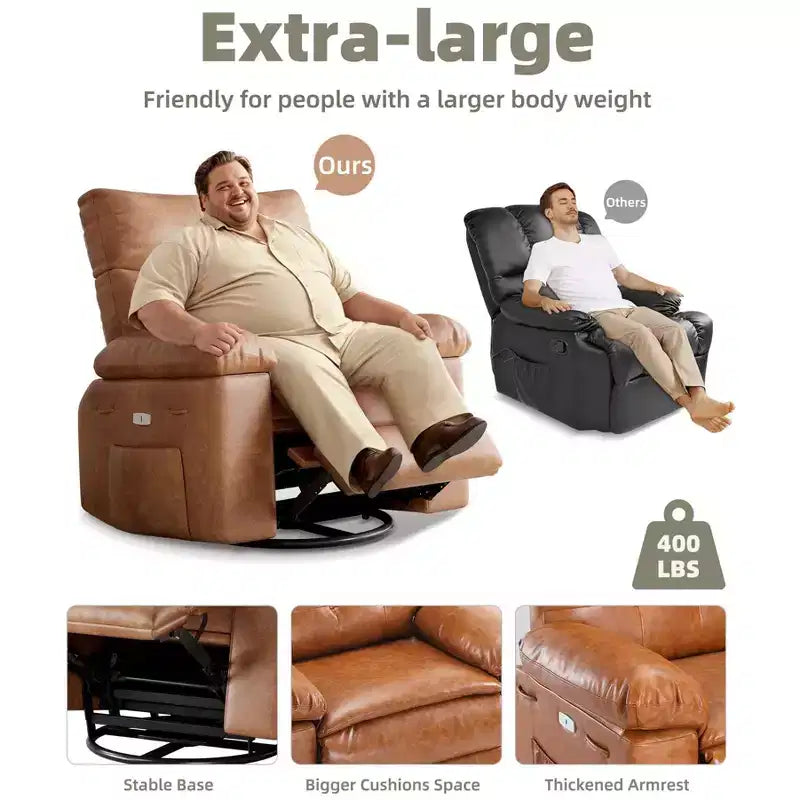 Oversized Recliner Chair with Heat and Massage - 360° Swivel, Manual Rocking, Faux Leather