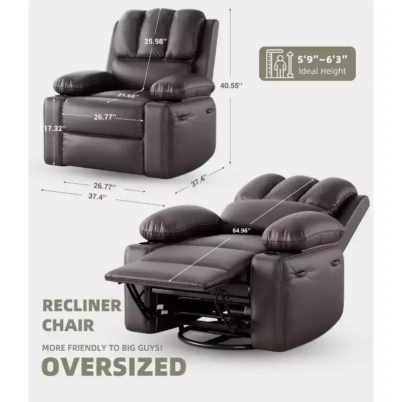 Oversized Recliner Chair with Heat and Massage - 360° Swivel, Manual Rocking, Faux Leather
