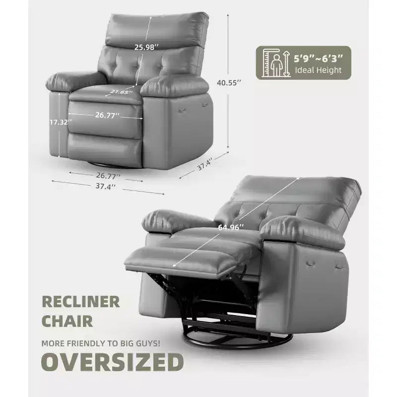 Oversized Recliner Chair with Heat and Massage - 360° Swivel, Manual Rocking, Faux Leather