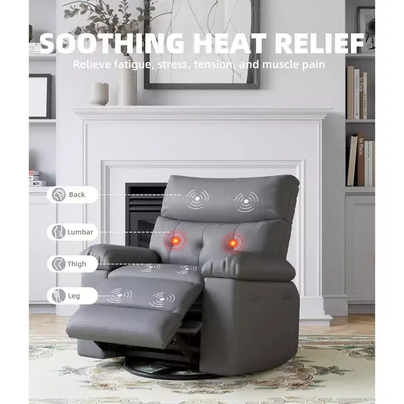 Oversized Recliner Chair with Heat and Massage - 360° Swivel, Manual Rocking, Faux Leather