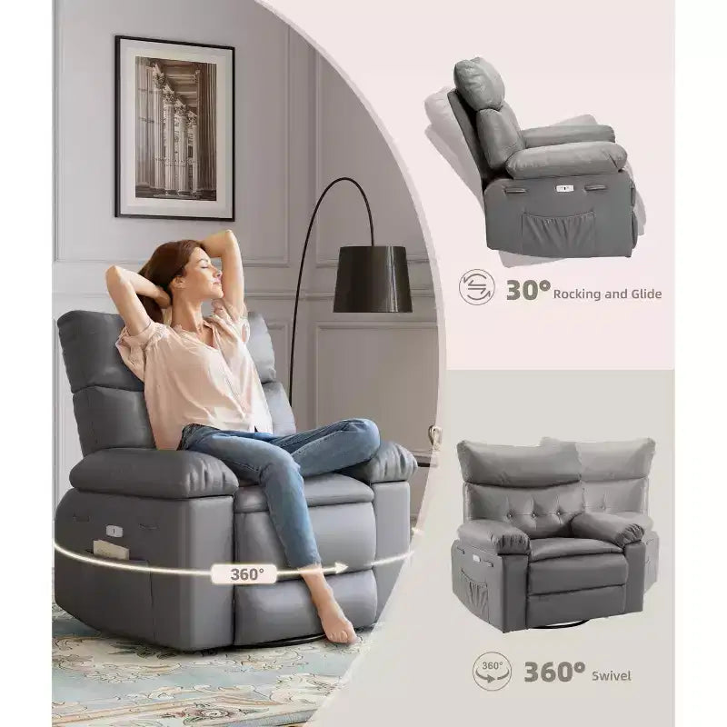 Oversized Recliner Chair with Heat and Massage - 360° Swivel, Manual Rocking, Faux Leather