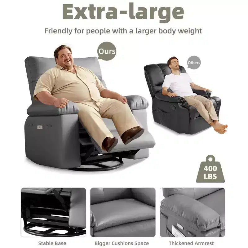 Oversized Recliner Chair with Heat and Massage - 360° Swivel, Manual Rocking, Faux Leather