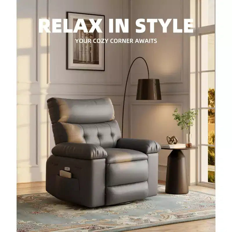 Oversized Recliner Chair with Heat and Massage - 360° Swivel, Manual Rocking, Faux Leather