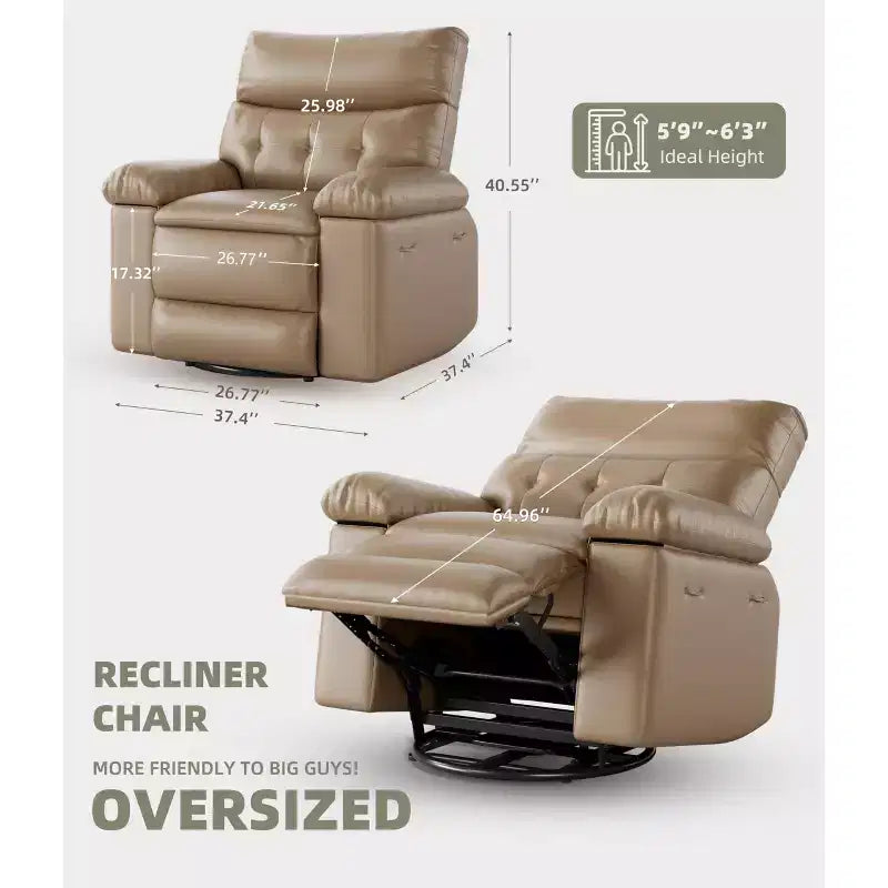 Oversized Recliner Chair with Heat and Massage - 360° Swivel, Manual Rocking, Faux Leather