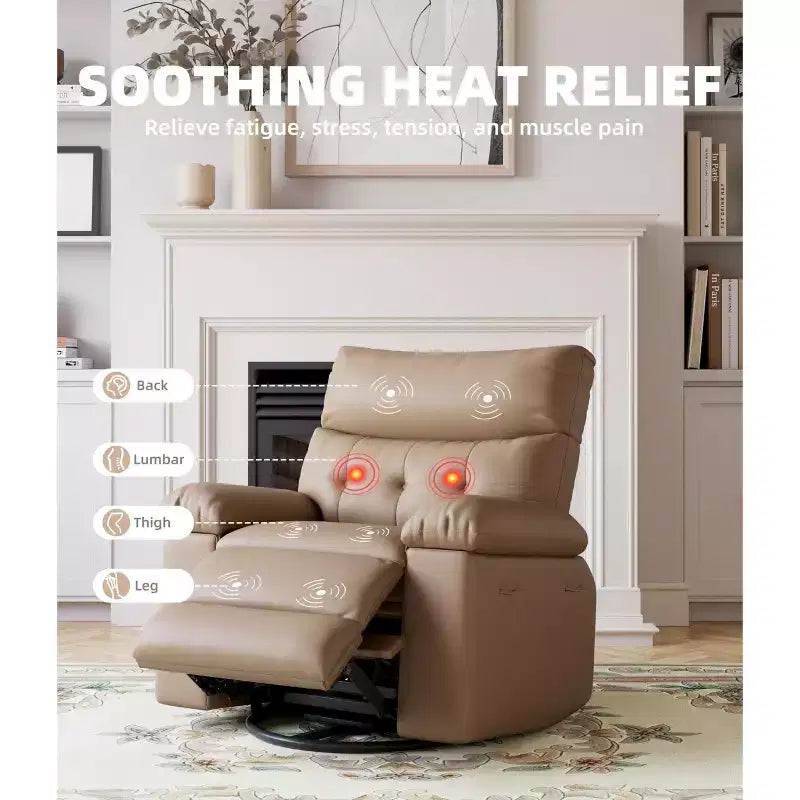 Oversized Recliner Chair with Heat and Massage - 360° Swivel, Manual Rocking, Faux Leather