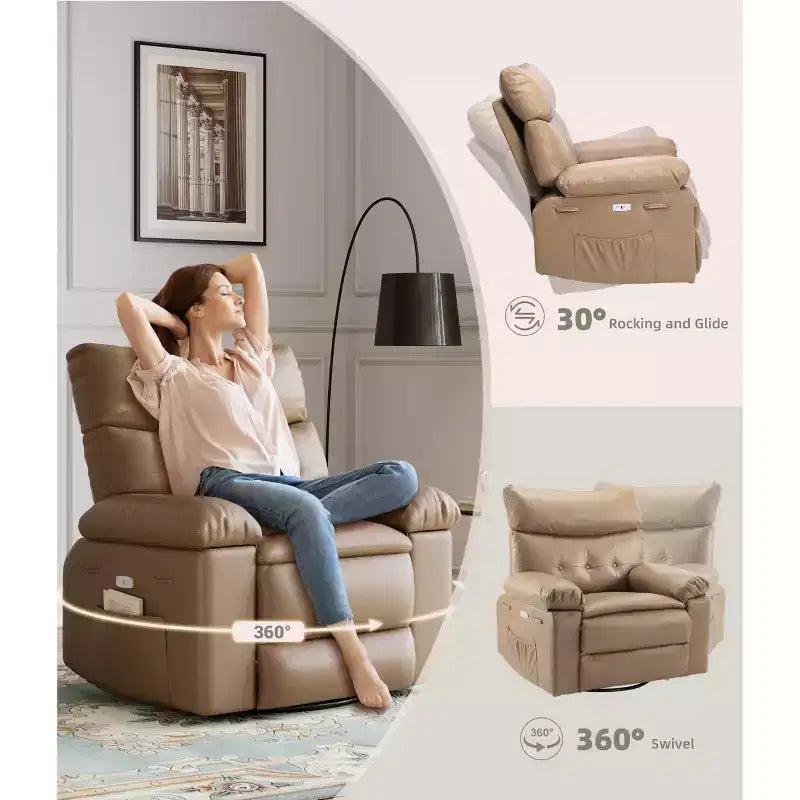 Oversized Recliner Chair with Heat and Massage - 360° Swivel, Manual Rocking, Faux Leather