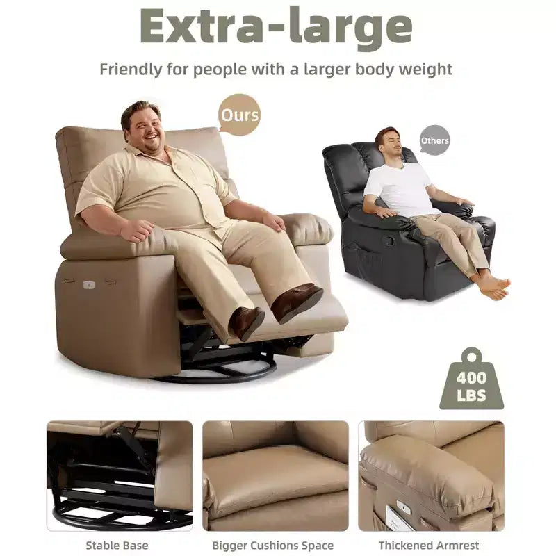 Oversized Recliner Chair with Heat and Massage - 360° Swivel, Manual Rocking, Faux Leather